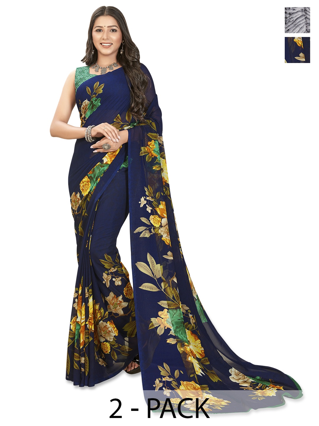 

ANAND SAREES Pack of 2 Floral Saree, Navy blue