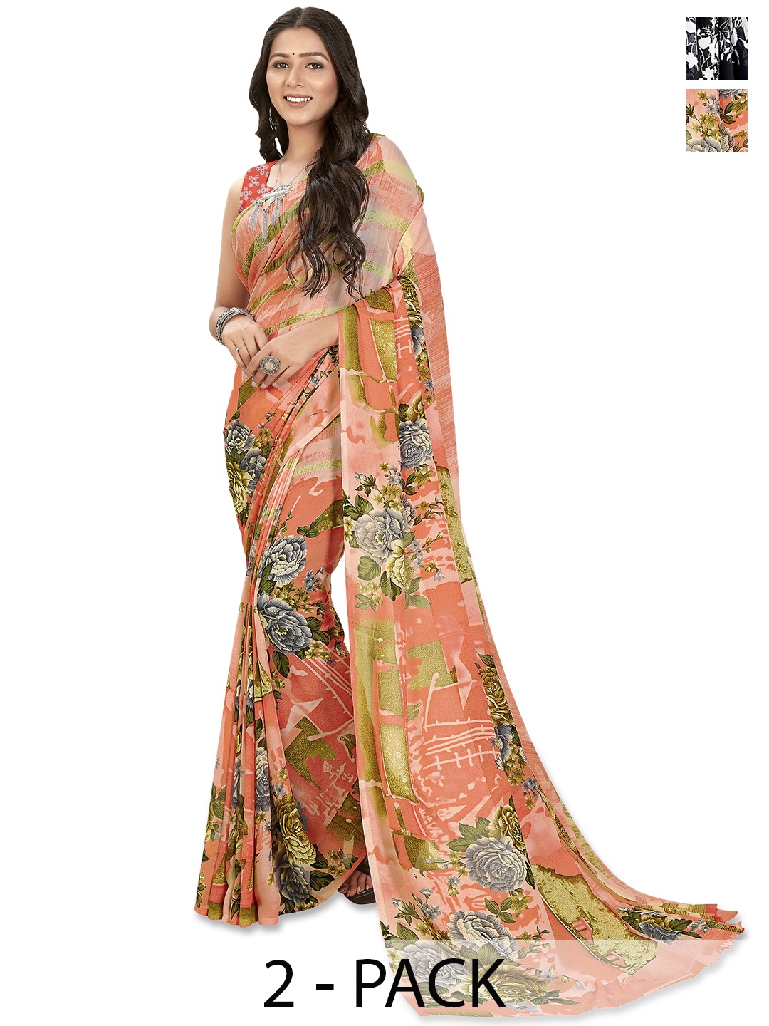 

ANAND SAREES Selection of 2 Floral Printed Saree, Orange