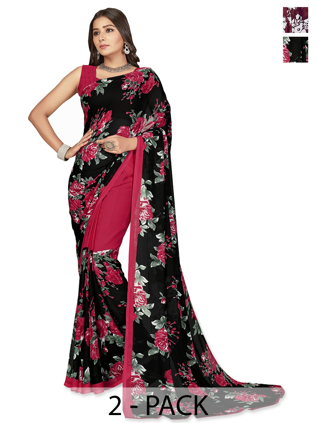 

ANAND SAREES Selection of 2 Floral Printed Saree, Black
