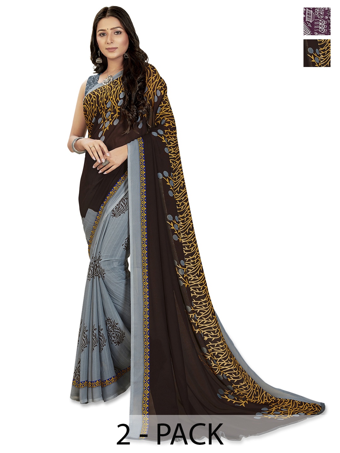 

ANAND SAREES Selection of 2 Floral Printed Half and Half Saree, Brown
