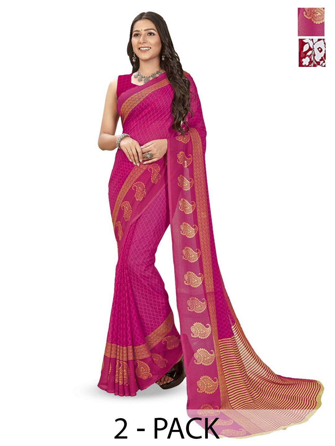 

ANAND SAREES Selection of 2 Floral Printed Sarees, Red