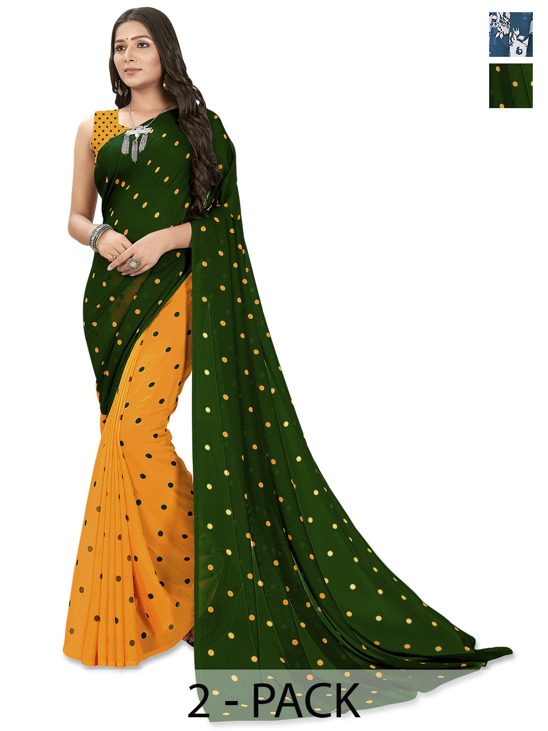 

ANAND SAREES Pack of 2 Floral Saree, Green