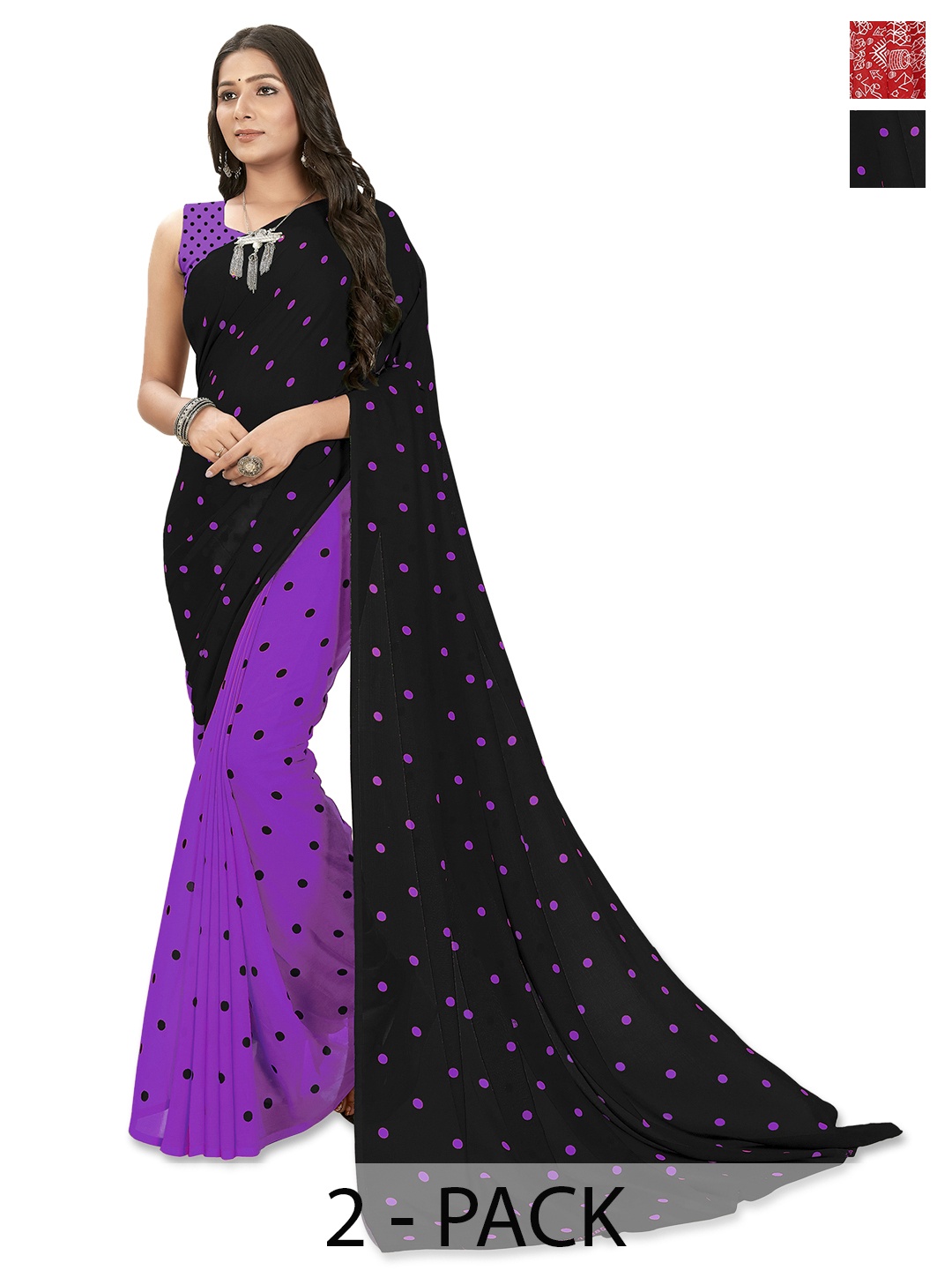 

ANAND SAREES Selection of 2 Dot Poly Printed Saree Half and Half Saree, Black