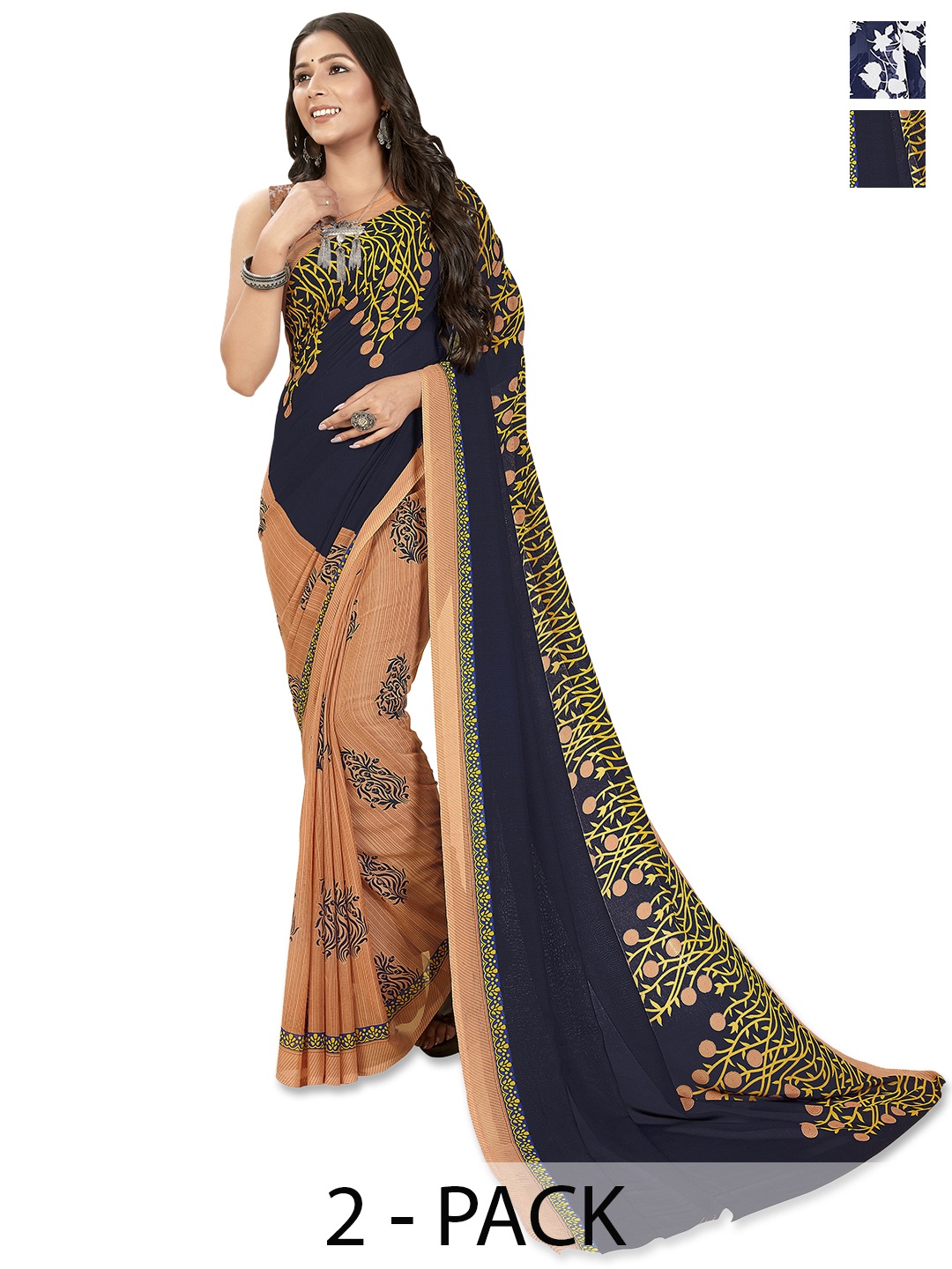 ANAND SAREES Selection of 2 Floral Printed Saree, Blue