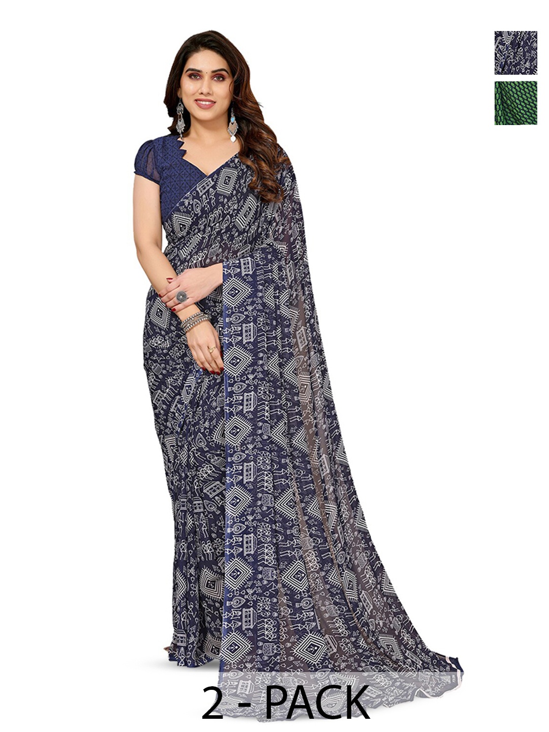

ANAND SAREES Selection of 2 Floral Printed Half and Half Saree, Blue
