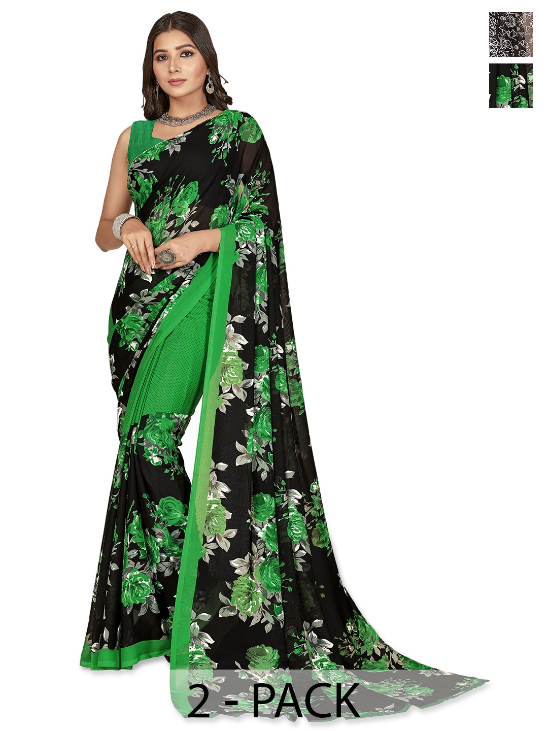 ANAND SAREES Selection of 2 Floral Printed Saree, Black