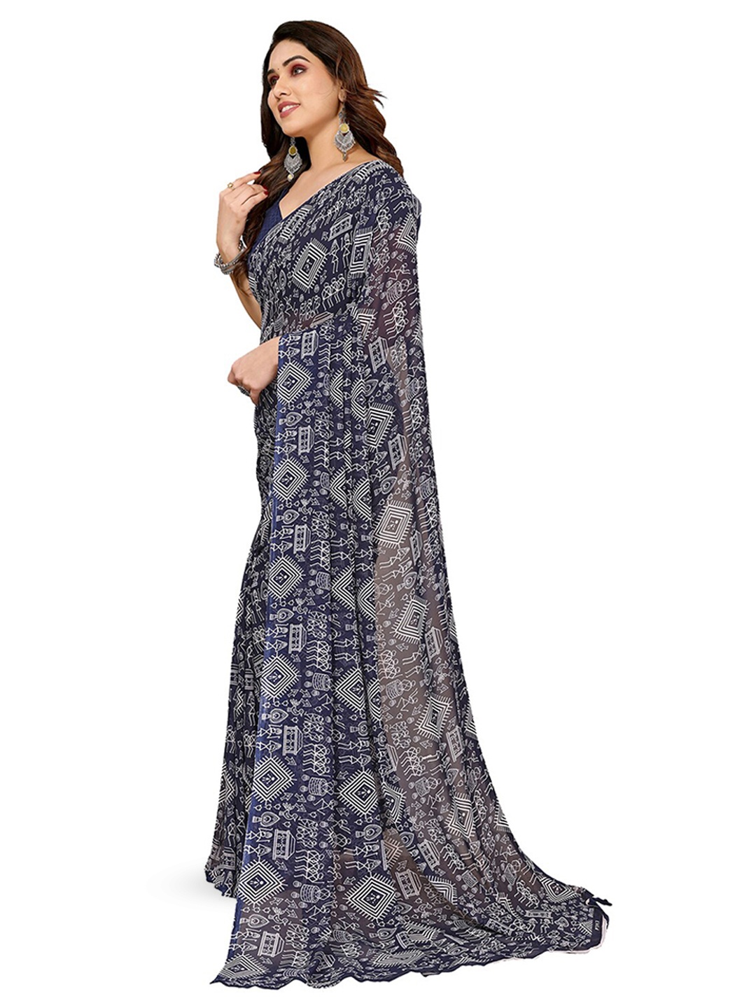 

ANAND SAREES Selection Of 2 Geometric Printed Saree, Navy blue