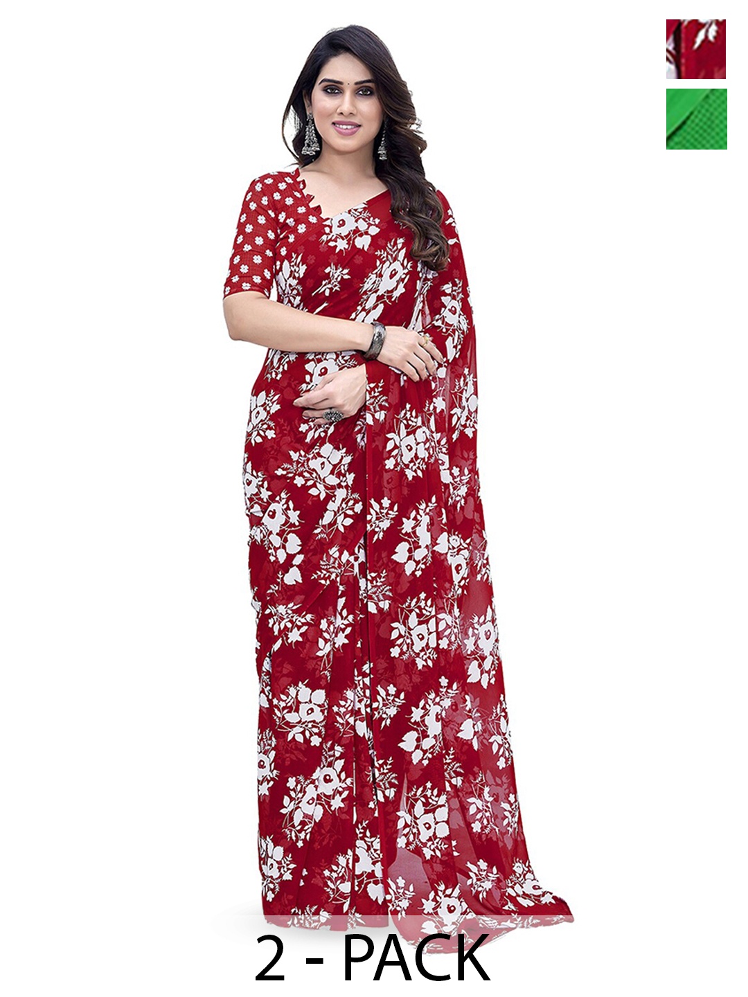 

ANAND SAREES Selection of 2 Floral Printed Sarees, Red