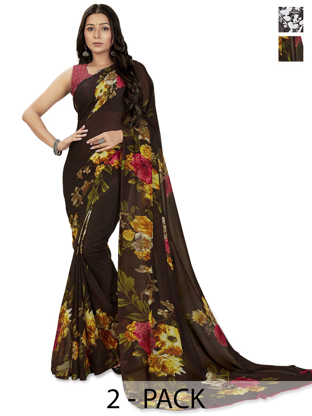 

ANAND SAREES Floral Poly Georgette Saree, Brown