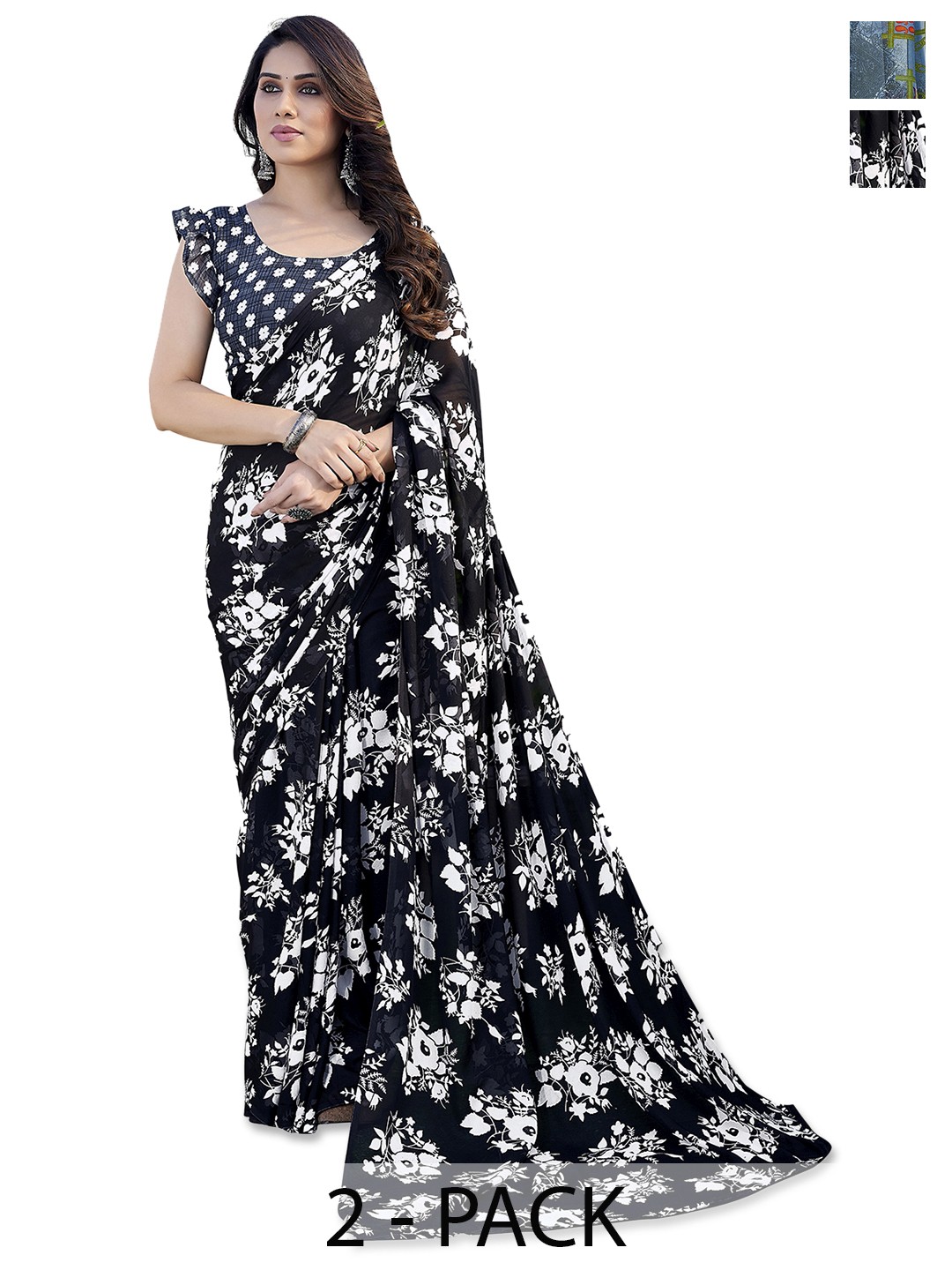 

ANAND SAREES Selection of 2 Floral Printed Saree, Black