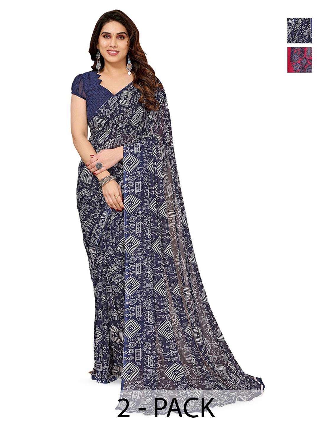

ANAND SAREES Selection of 2 Floral Printed Half and Half Saree, Blue