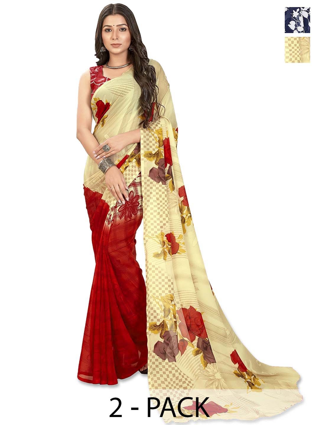 ANAND SAREES Selection of 2 Floral Printed Saree, Navy blue