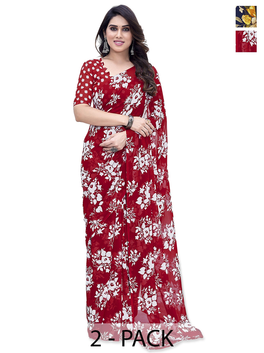 

ANAND SAREES Selection of 2 Floral Printed Saree, Red
