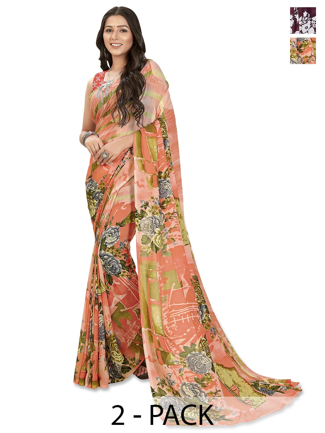 

ANAND SAREES Selection of 2 Floral Printed Saree, Orange