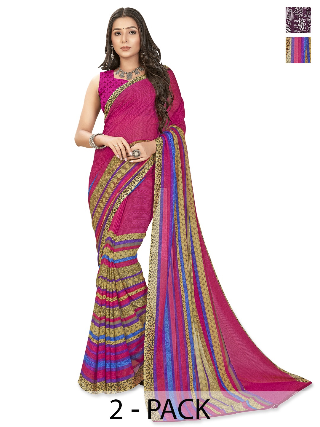 

ANAND SAREES Pack of 2 Ethnic Motifs Saree, Magenta