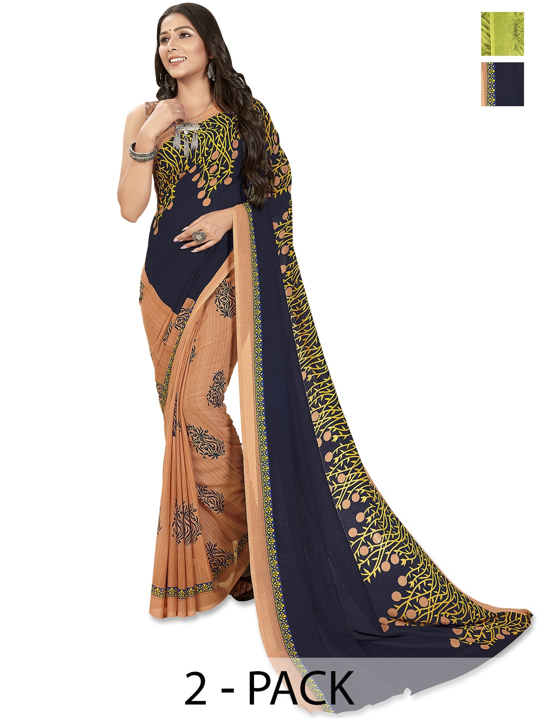 

ANAND SAREES Selection of 2 Floral Printed Saree, Green