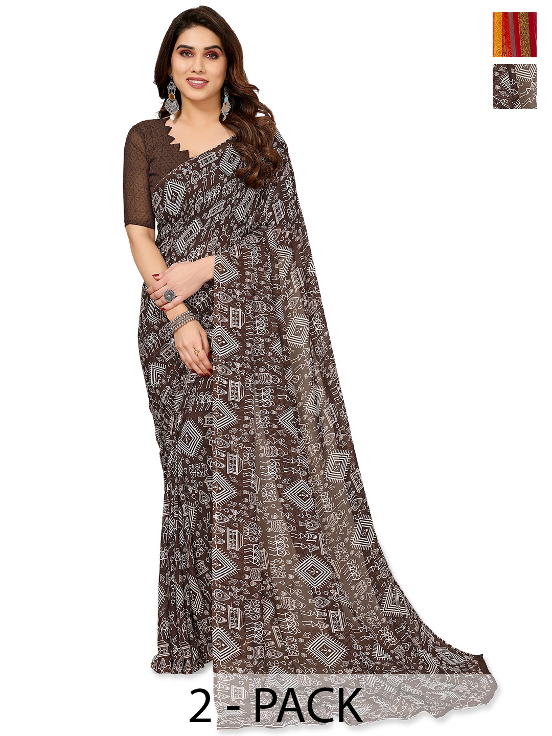 

ANAND SAREES Selection Of 2 Ethnic Motifs Printed Saree, Brown