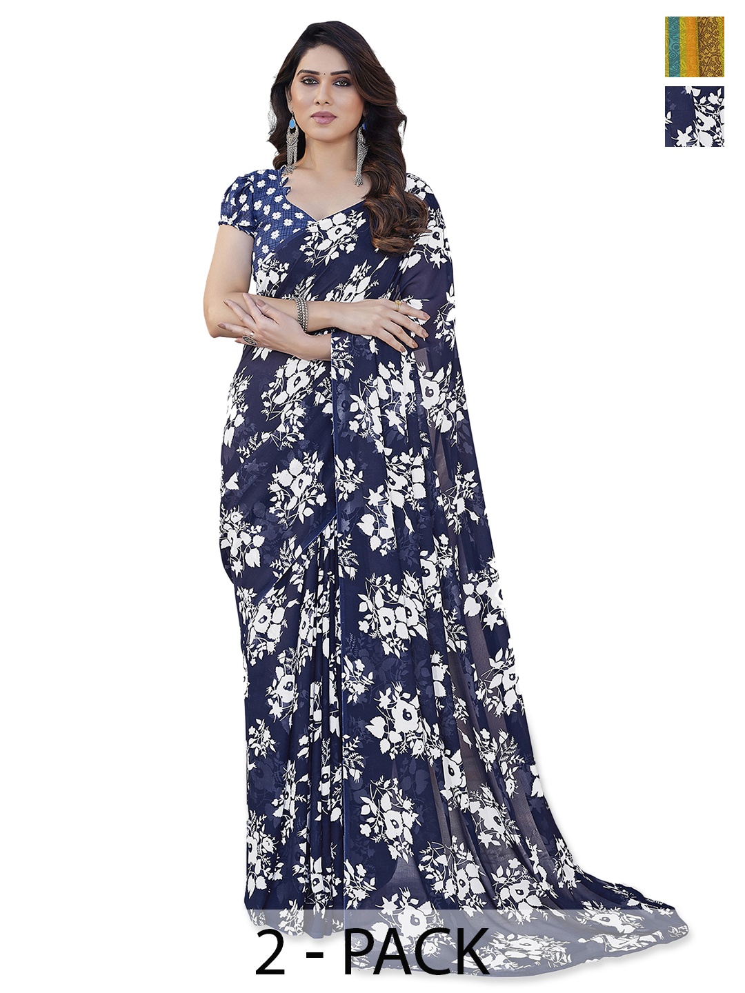 

ANAND SAREES Selection of 2 Floral Printed Saree, Mustard