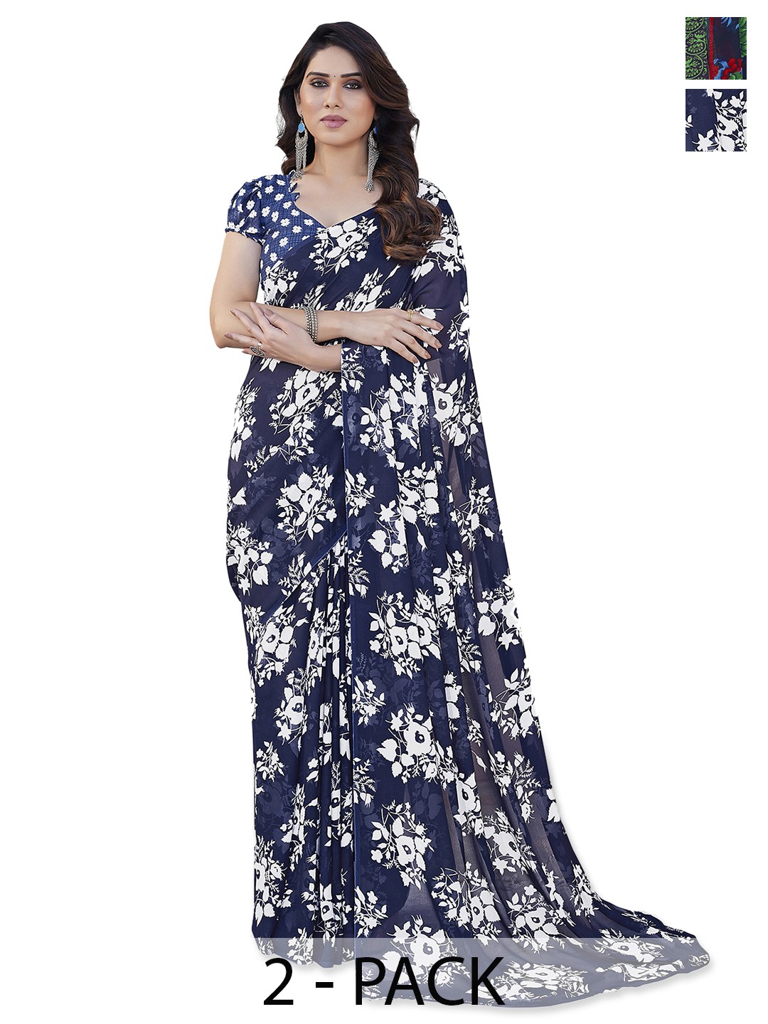 

ANAND SAREES Selection of 2 Floral Printed Saree, Blue