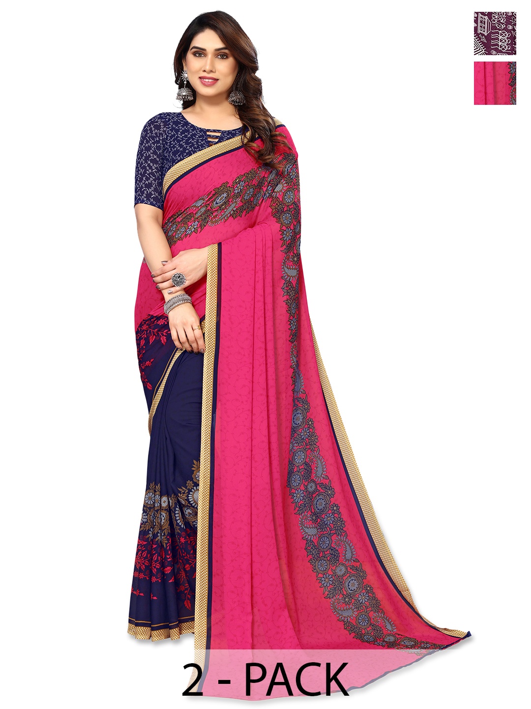 

ANAND SAREES Selection of 2 Floral Printed Saree, Magenta