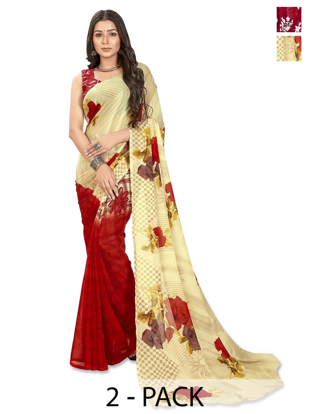 

ANAND SAREES Selection of 2 Floral Printed Saree, Red