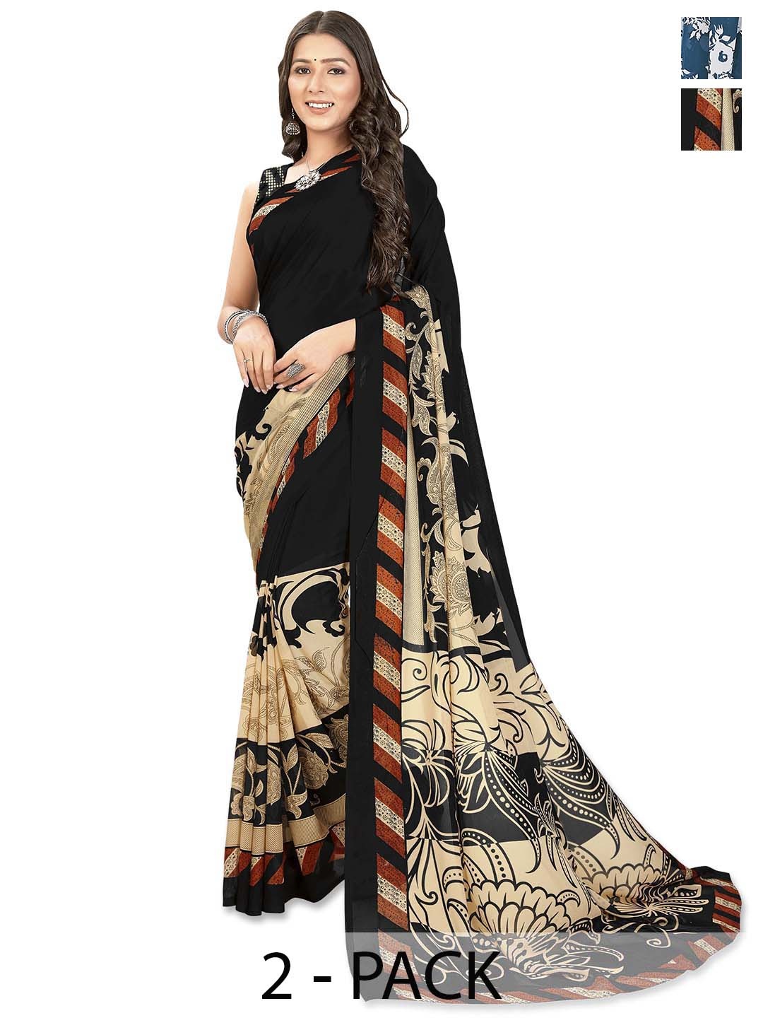 

ANAND SAREES Selection of 2 Floral Printed Saree, Black