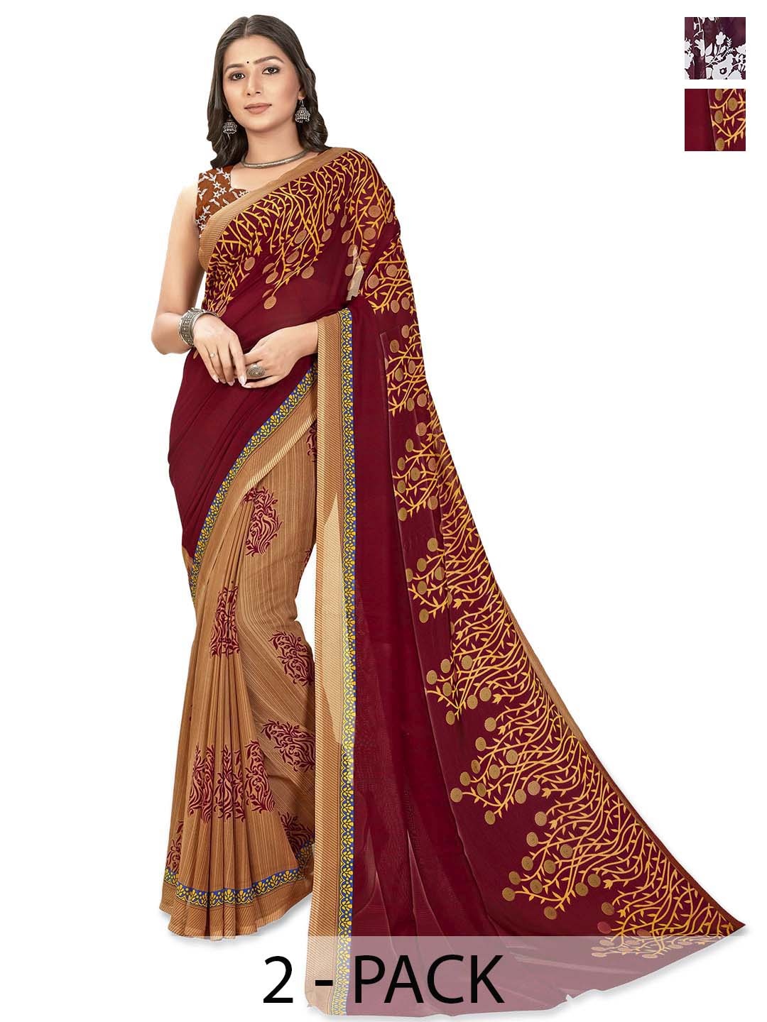 

ANAND SAREES Selection of 2 Floral Printed Saree, Brown
