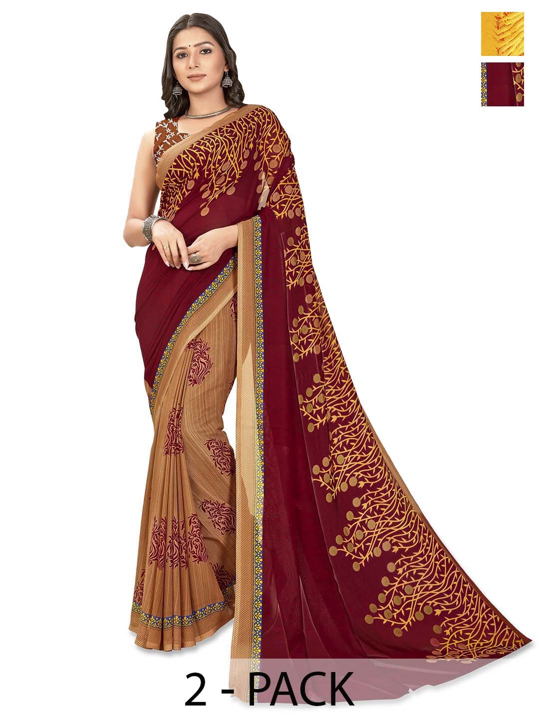 ANAND SAREES Selection of 2 Floral Printed Saree, Yellow