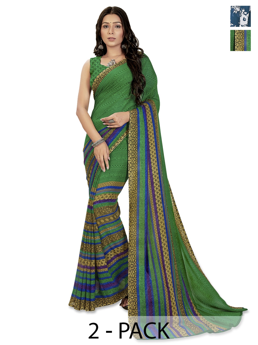 

ANAND SAREES Selection of 2 Floral Printed Saree, Blue