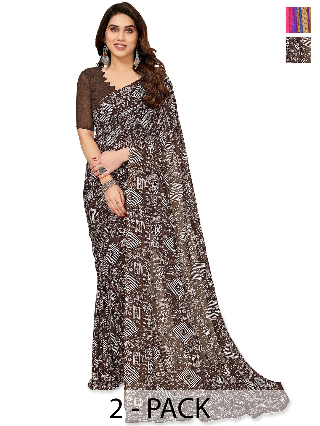 

ANAND SAREES Selection of 2 Ethnic Motifs Printed Saree, Brown