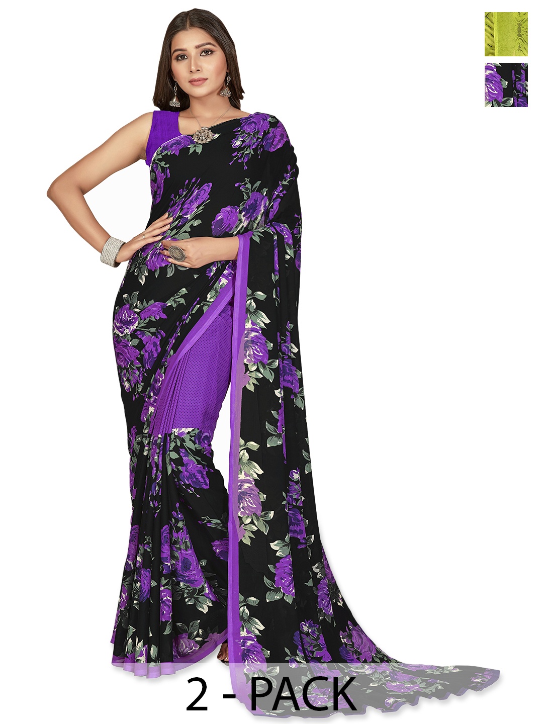 

ANAND SAREES Selection of 2 Floral Printed Saree, Green
