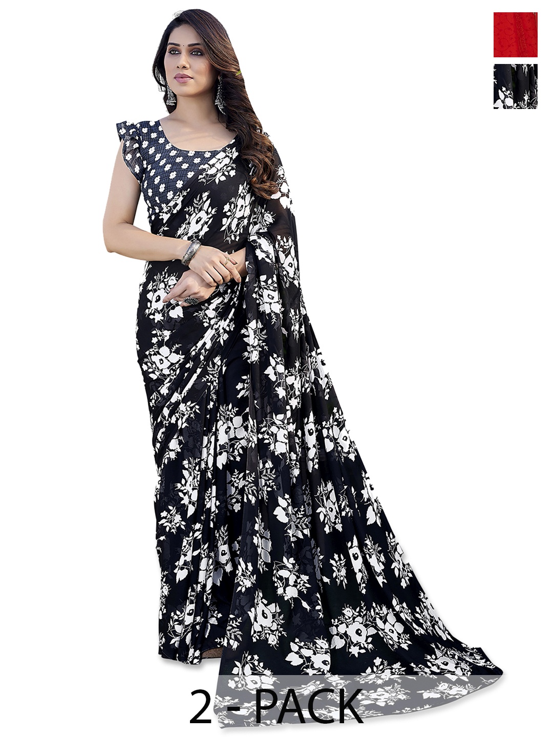 

ANAND SAREES Selection of 2 Floral Printed Saree, Red