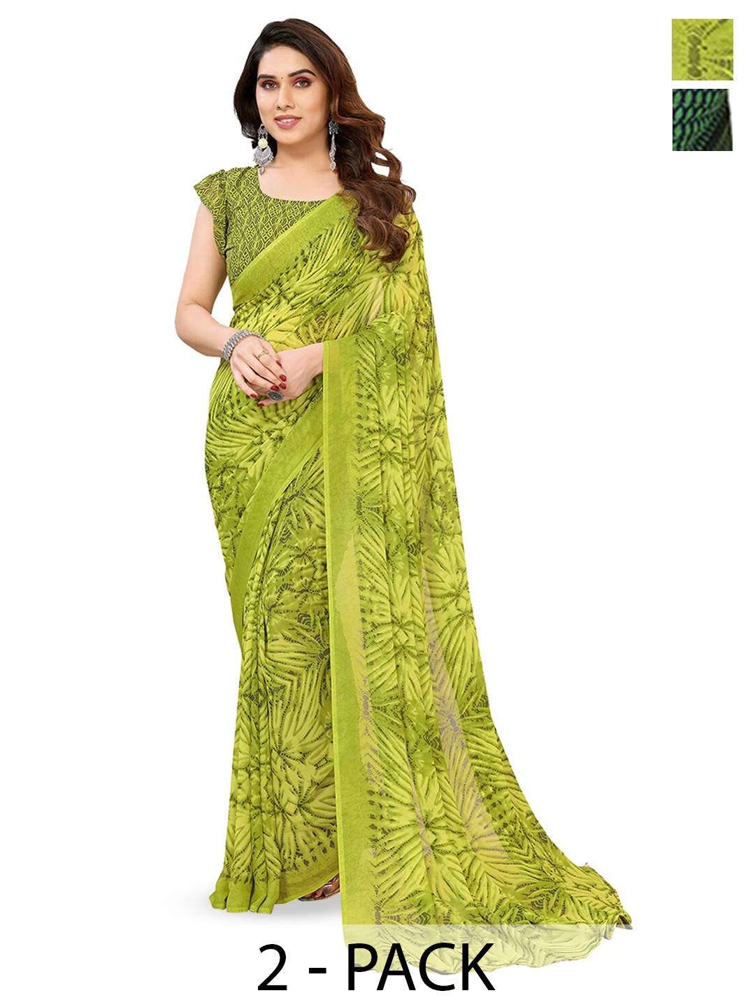 

ANAND SAREES Selection Of 2 Floral Saree, Green