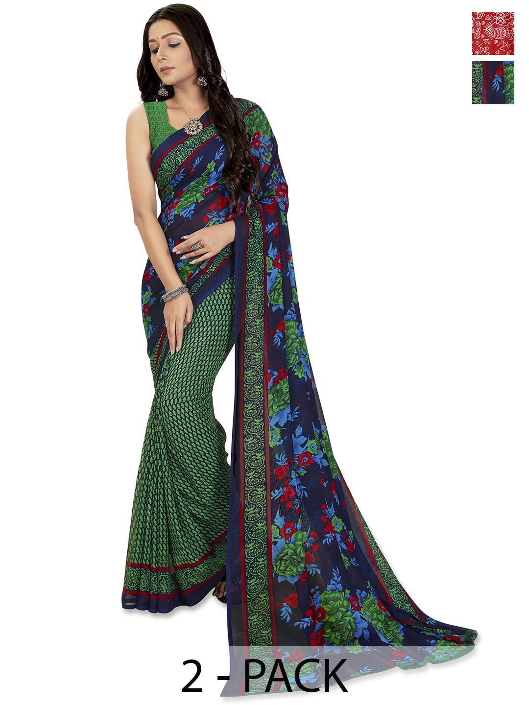 

ANAND SAREES Selection of 2 Ethnic Motifs Printed Saree, Red