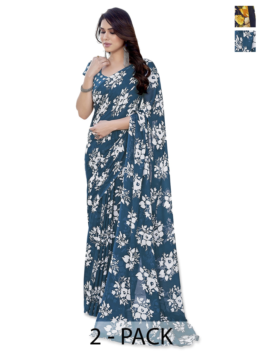 

ANAND SAREES Pack of 2 Floral Saree, Blue