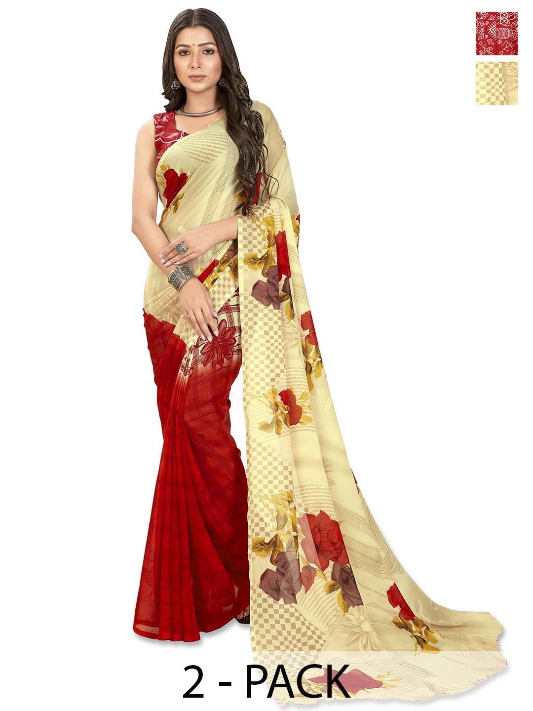 

ANAND SAREES Selection of 2 Floral Printed Saree, Red
