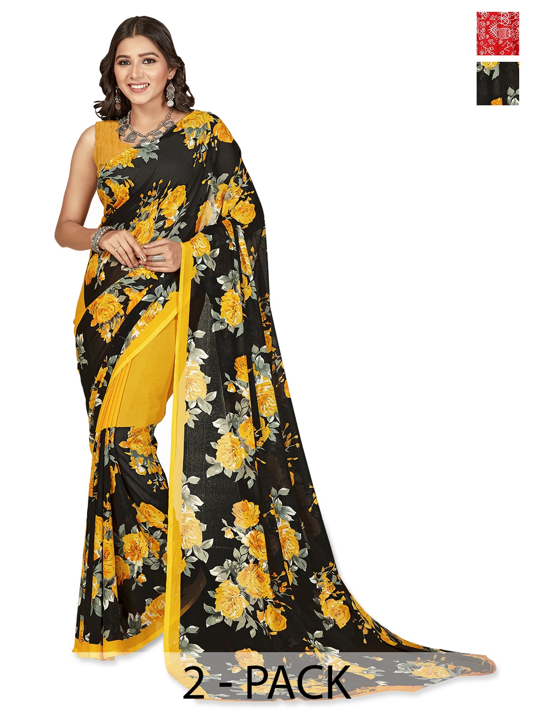

ANAND SAREES Selection of 2 Floral Printed Saree, Red