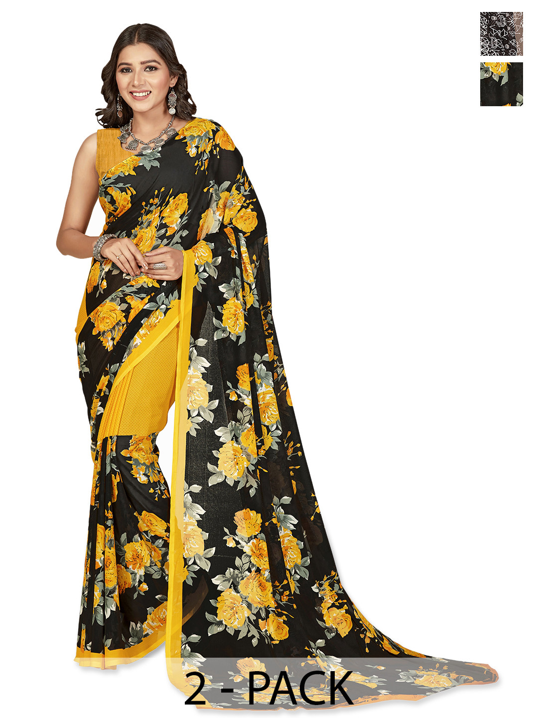 

ANAND SAREES Selection of 2 Floral Printed Saree, Yellow