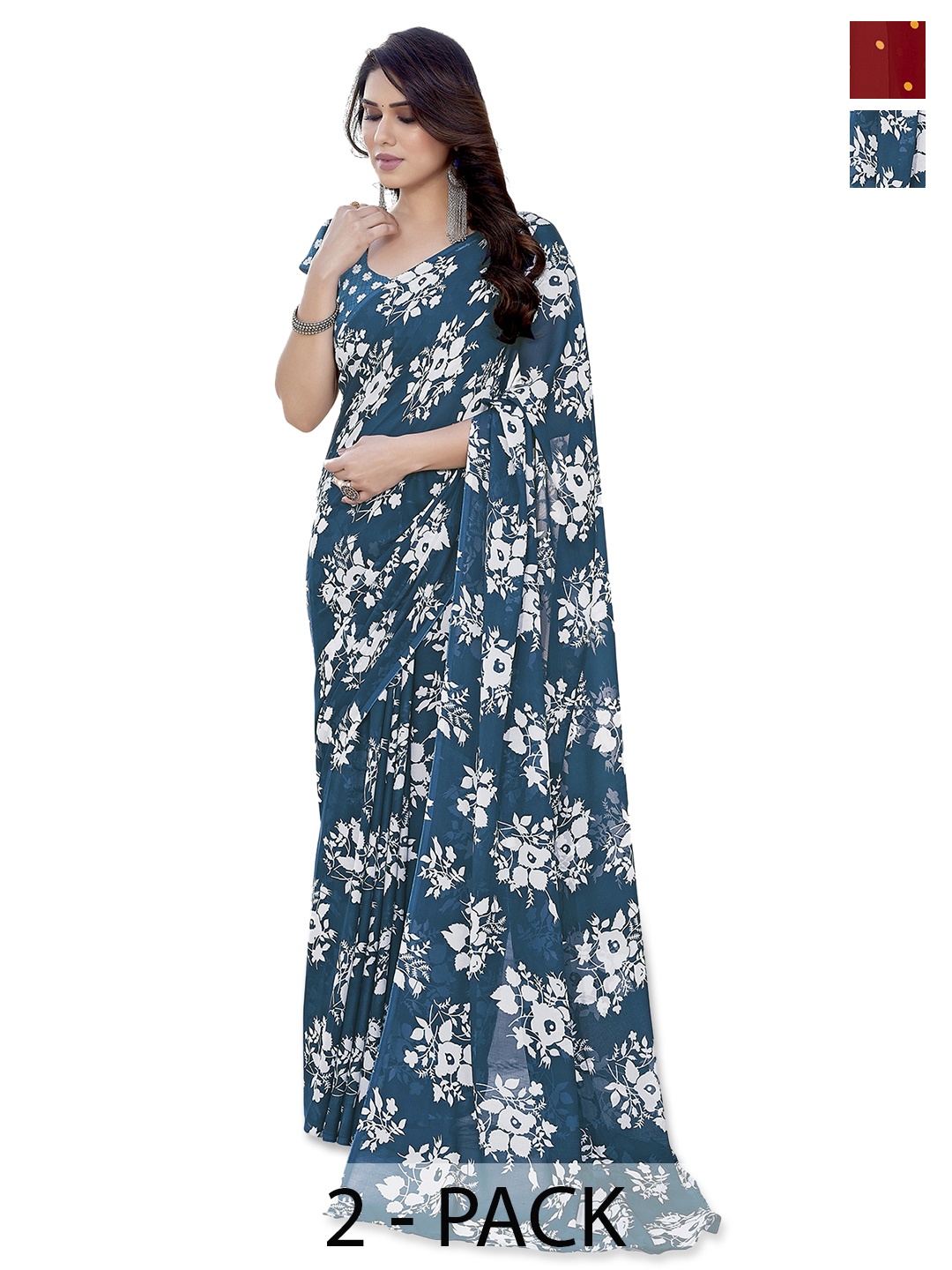 

ANAND SAREES Selection of 2 Floral Printed Saree, Blue