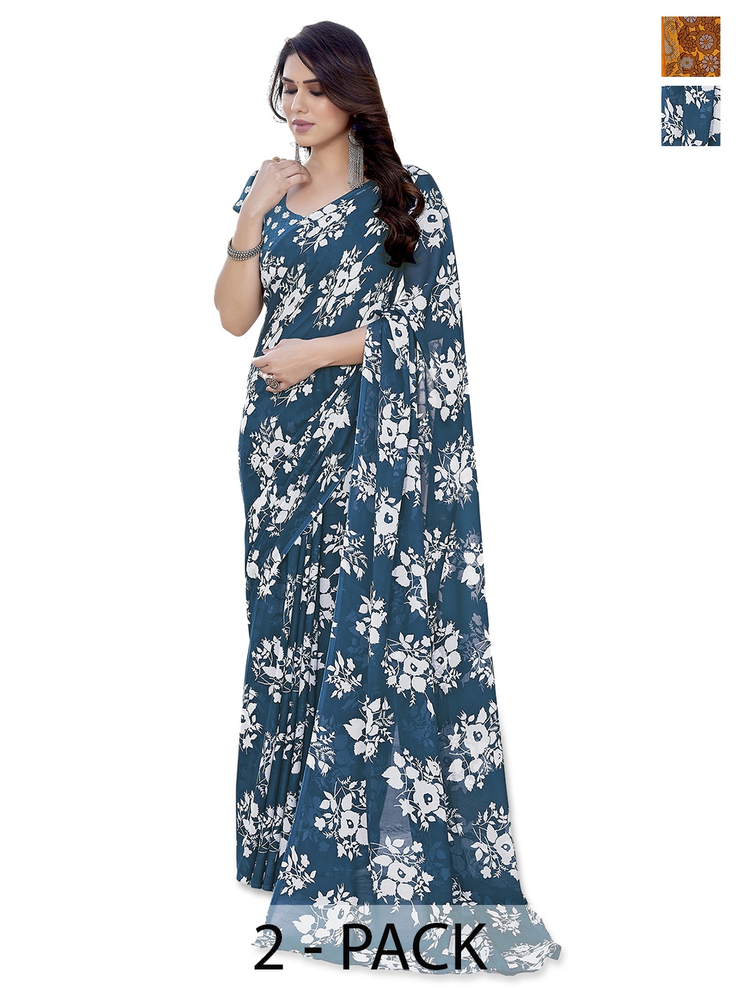 

ANAND SAREES Selection of 2 Floral Printed Saree, Blue