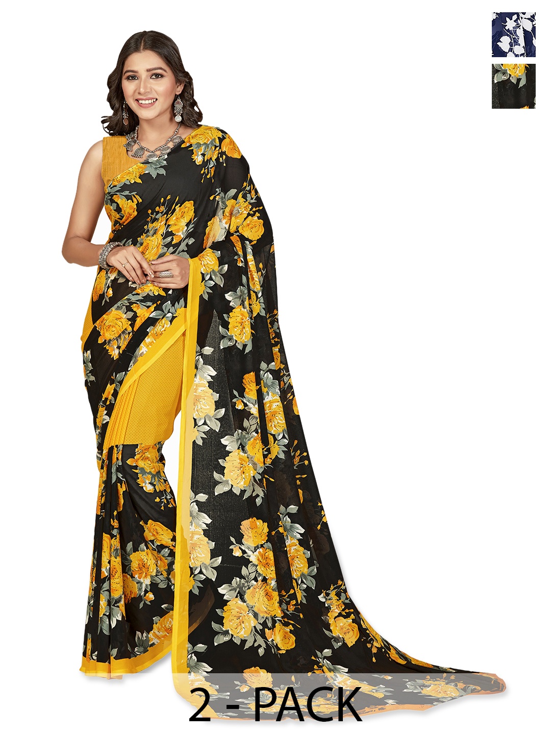 ANAND SAREES Selection of 2 Floral Printed Saree, Yellow