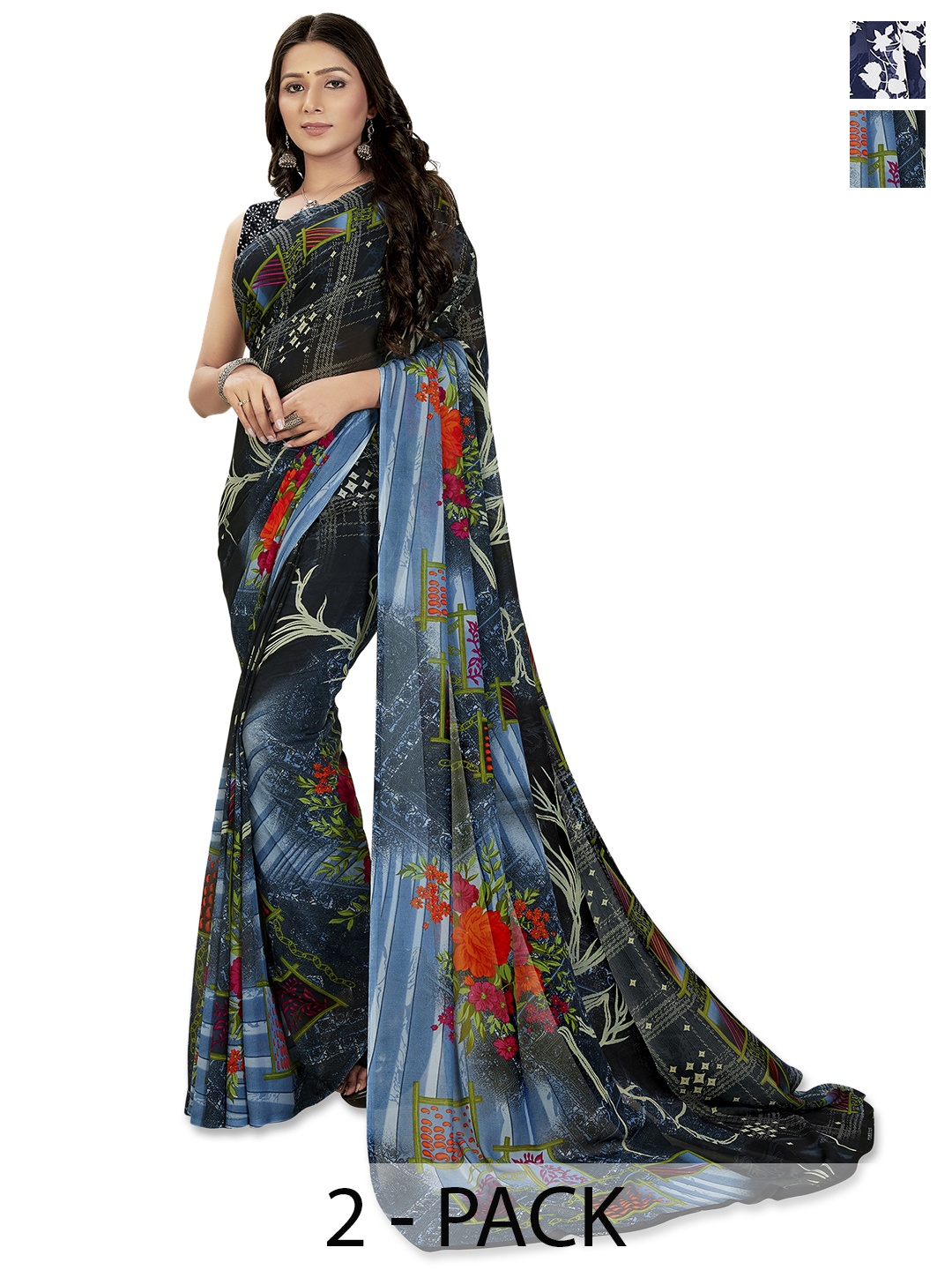 

ANAND SAREES Selection of 2 Floral Printed Saree, Blue