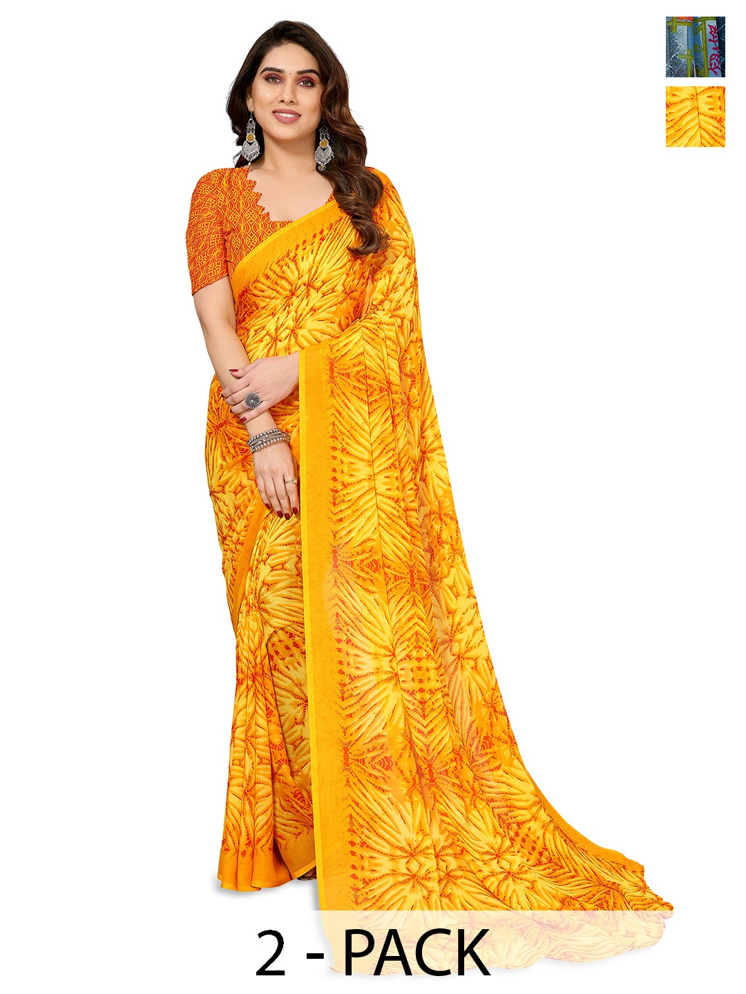 

ANAND SAREES Selection of 2 Floral Printed Saree, Yellow