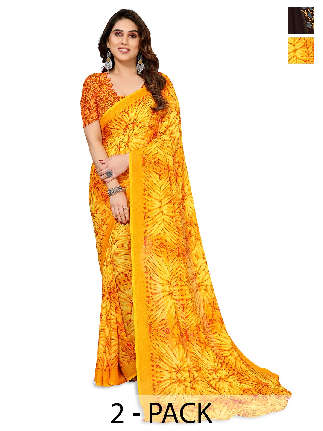 

ANAND SAREES Selection of 2 Floral Printed Saree, Yellow