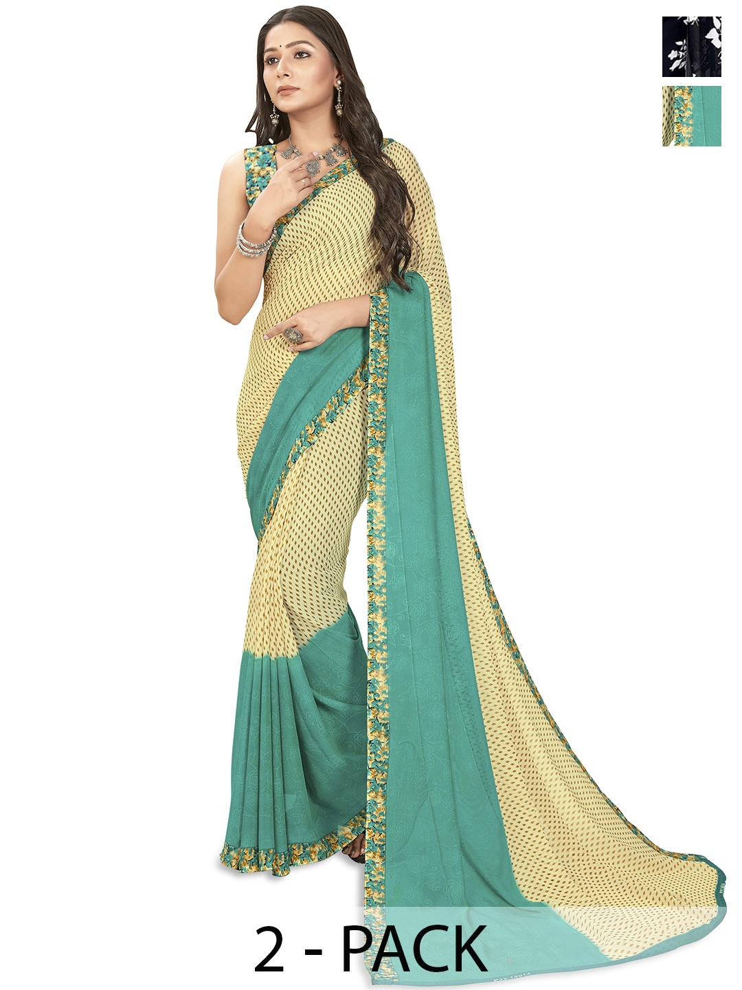 

ANAND SAREES Selection of 2 Floral Printed Saree, Cream