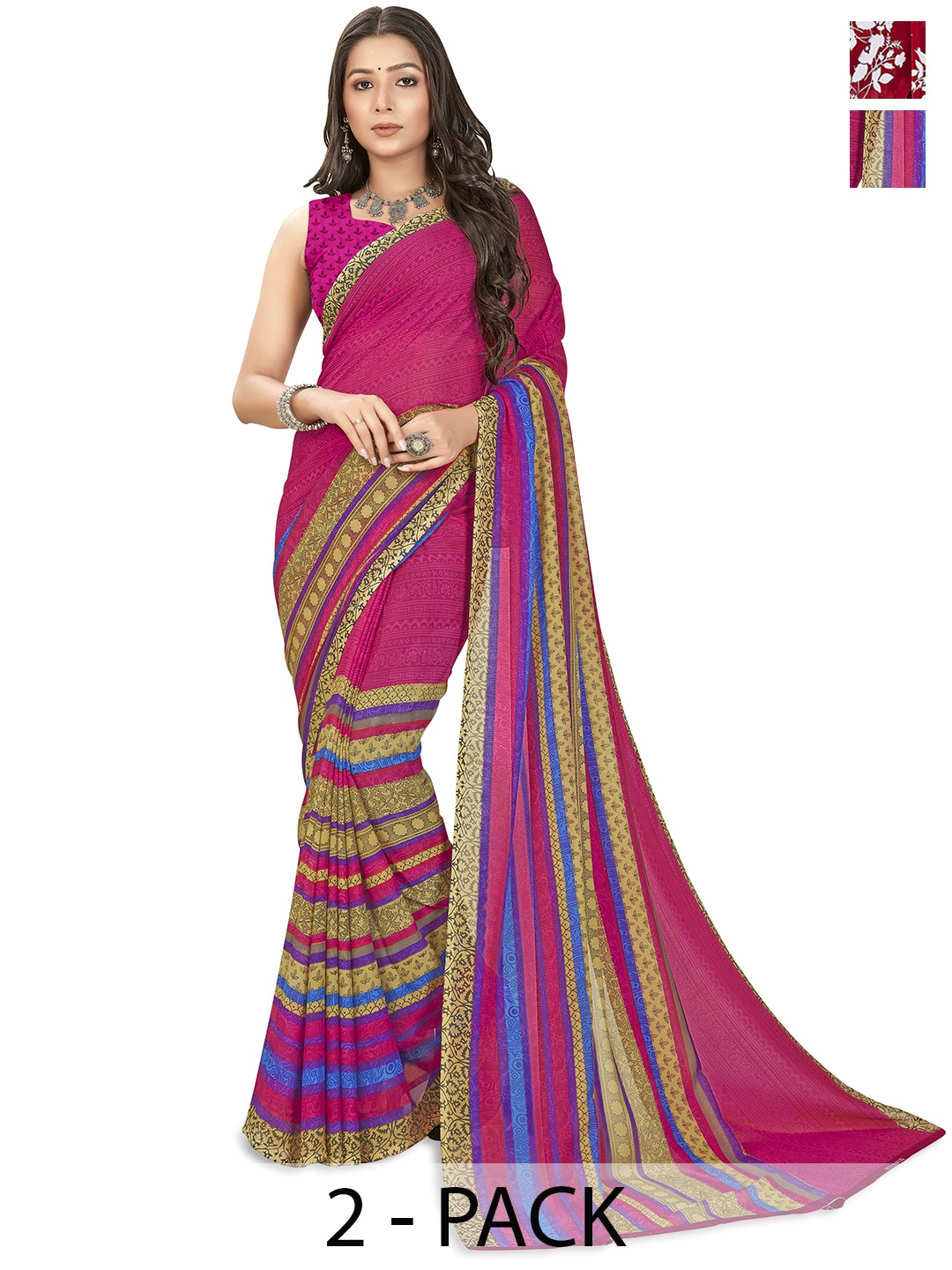 

ANAND SAREES Selection of 2 Floral Printed Saree, Red