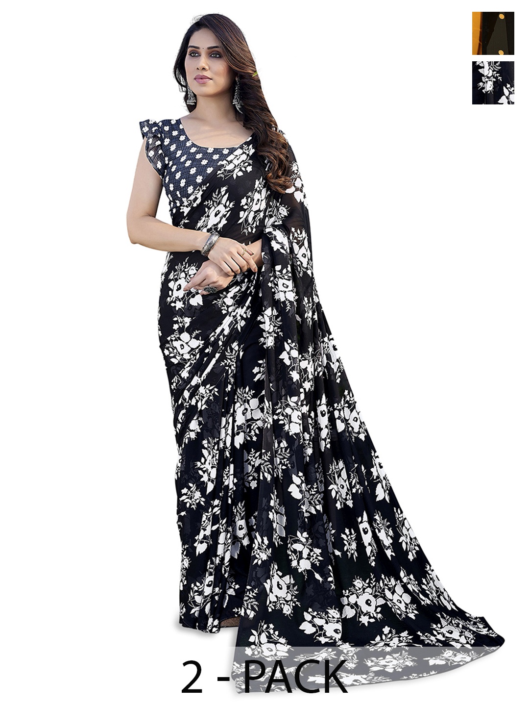 

ANAND SAREES Selection of 2 Floral Printed Saree, Black