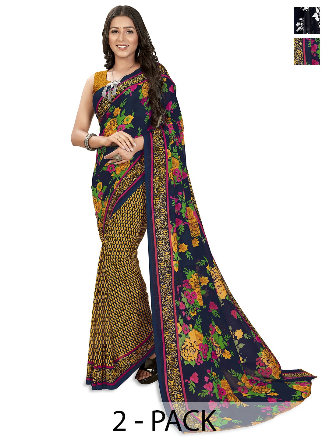

ANAND SAREES Selection of 2 Floral Printed Saree, Mustard