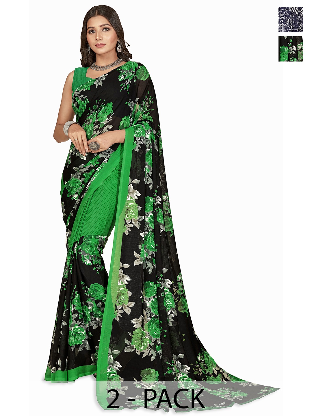 

ANAND SAREES Selection of 2 Floral Printed Saree, Blue