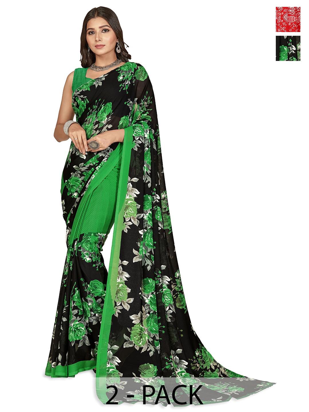 

ANAND SAREES Selection of 2 Floral Printed Saree, Black